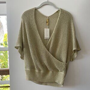 Minnie Rose Gold V-Neck, Short-Sleeve Wrap Sweat in Gold, L, NWT